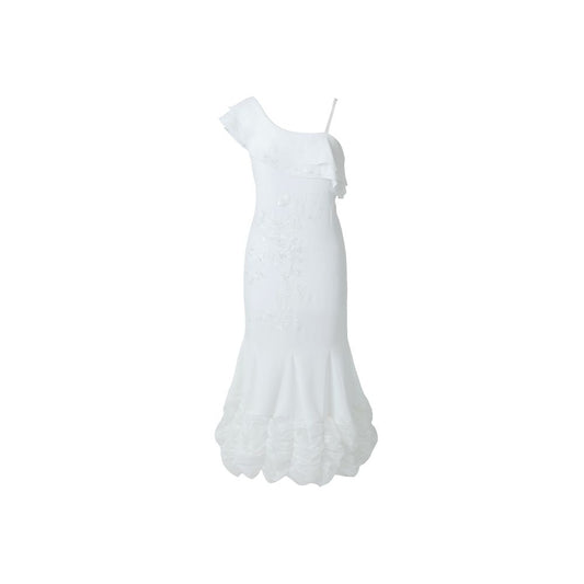Asaya0470 - RIMLESS Borderless Original Positioning Ribbon Embroidery Slant Shoulder Lotus Leaf Edge Dress Long White Light Dress