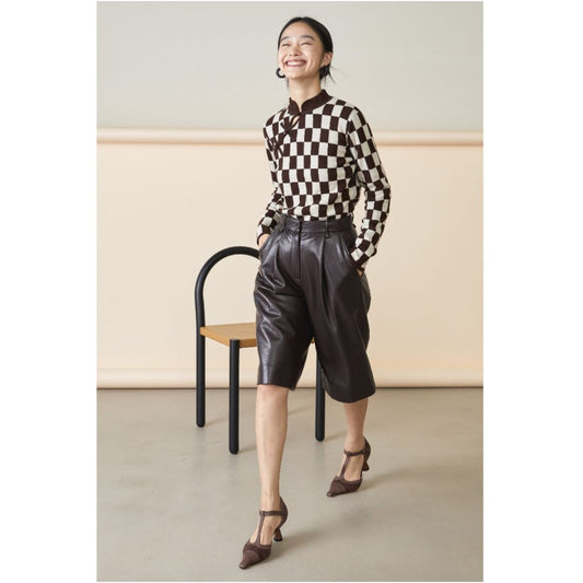 Asaya0424 -  Blue Dot Original Designer 100 Wool Chessboard Pattern Chinese Plate Button Knitted Sweater Sweater