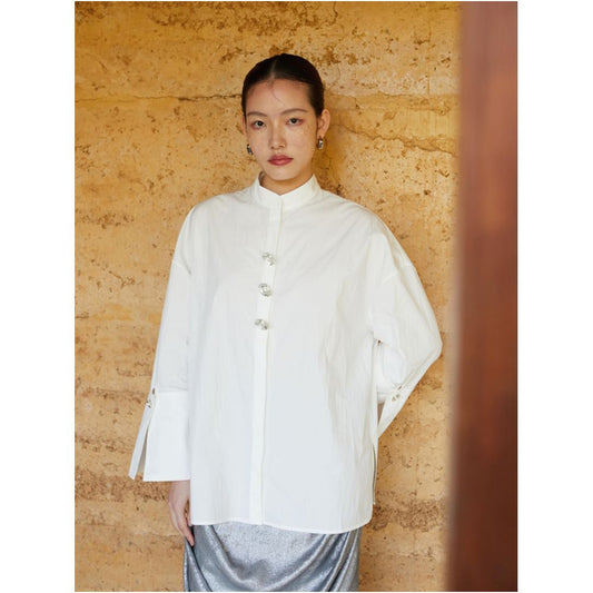 Asaya0397 - Fold Blue Dot Original Designer Chinese style stand up collar loose large cuffs wrinkled texture white shirt