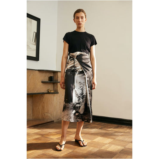Asaya0388 - ROOMCARDS Independent Designer Retro Photo Print Splicing Pure Silk Wrap Skirt Multi Wear Strap Half Skirt