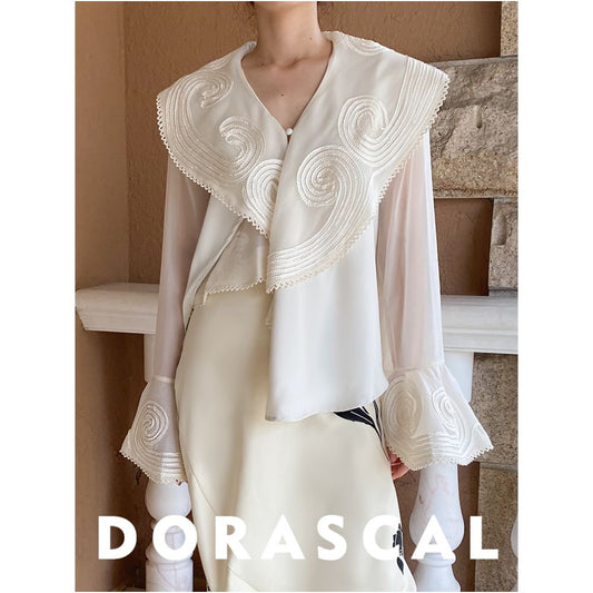 Asaya0393 -  Design Elegant Large Collar Lace Jacquard Transparent Splicing Lace Chiffon Shirt Shirt
