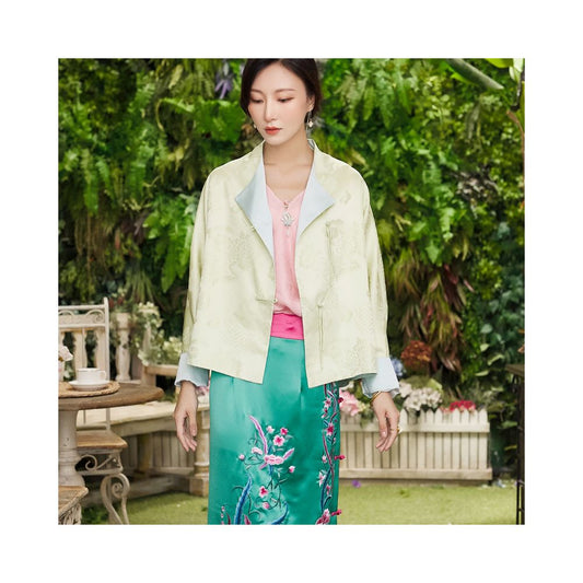 Asaya0321 - Zhendian Baby PCY963 Silk Bat Sleeve New Chinese Retro Chinese Style Short Top Coat Loose Large Size