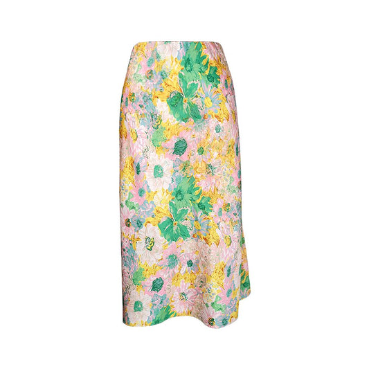 Asaya0317 - Guandong spot oil painting style colorful flowers three dimensional oblique cut acetic acid elastic waist fish tail half skirt foggy
