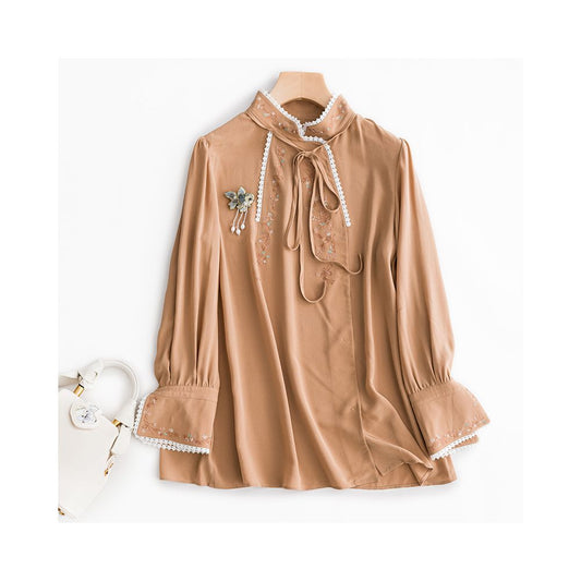Asaya0311 - Town Store Baby PCY652 Silk Shirt a combination of Chinese and Western styles embroidered silk shirt OL shirt gentle and exquisite as water
