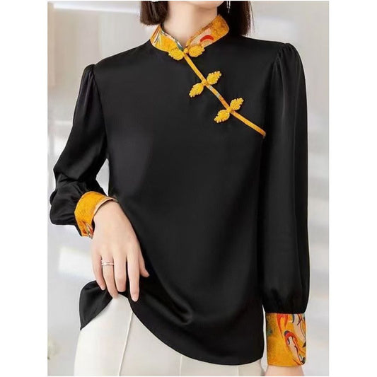 Asaya0310 - Shenzhen Nanyou European Women s Clothing 2025 Early Autumn New Retro Slant Buckle Stand up Collar Splicing Embroidered Temperament Shirt