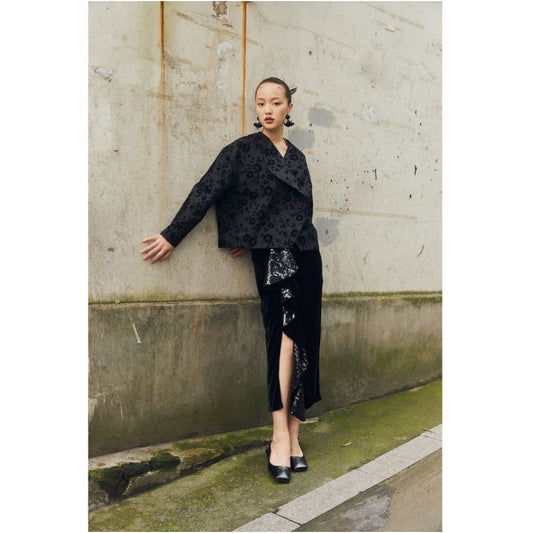 Asaya0304 - PaleBlueDot original designer retro black raised print plush cocoon shaped niche short jacket autumn