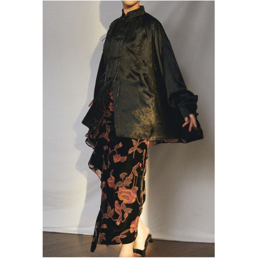 Asaya0300 -  Fold Blue Dot Original Design Velvet Rotten Flower Folded Lotus Leaf Edge Heavy Weight High Waist Half Skirt Autumn