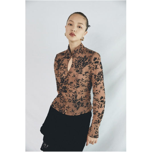 Asaya0297 -  Fold Blue Dot Original Design Plush Pattern Mesh Elastic Stand Collar Slimming Bottom Shirt