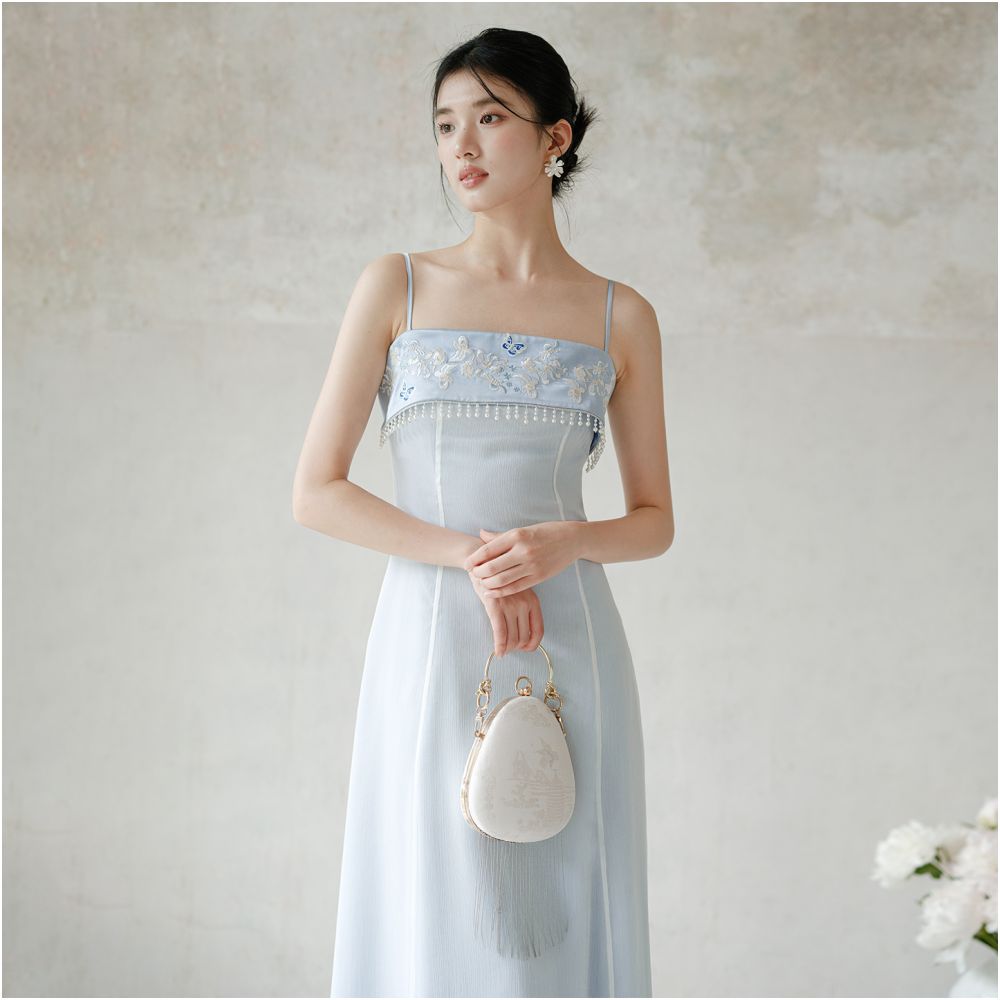 Chuchanyishi new Chinese style suspender dress female 25 summer embroidery A line vest blue tube top long skirt image 5