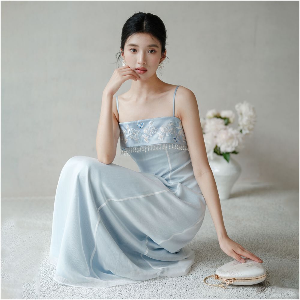 Chuchanyishi new Chinese style suspender dress female 25 summer embroidery A line vest blue tube top long skirt image 7