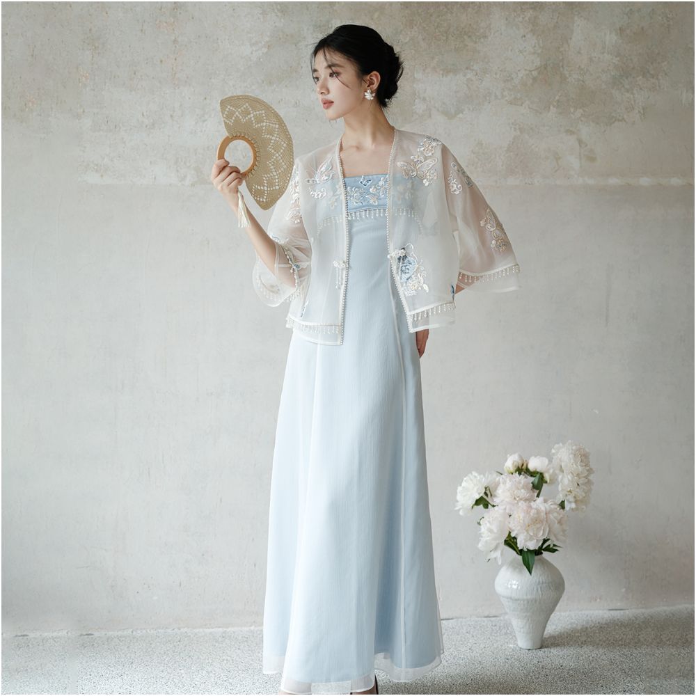 New Chinese style dress for women in summer and autumn 2025 with a fresh and dynamic temperament featuring delicate gauze embroidery and tassel tops image 2