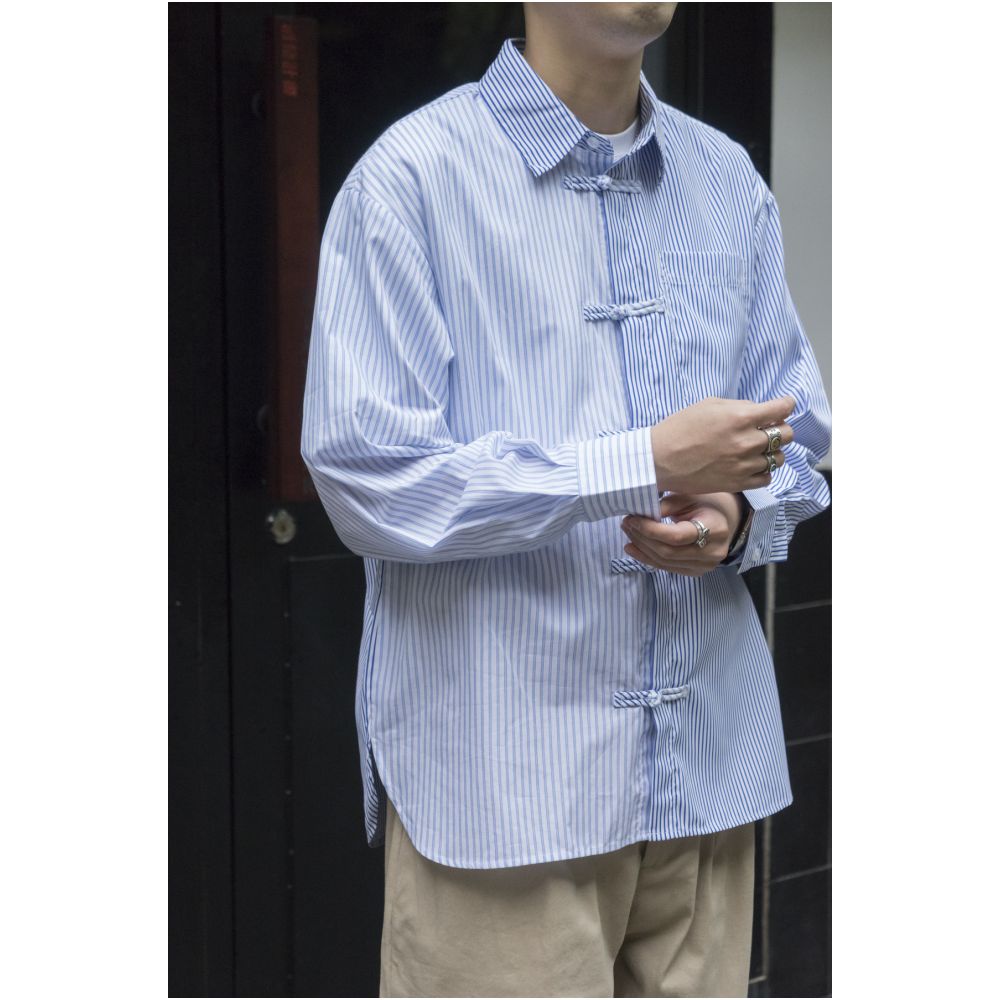 LABSTORE splicing stripes new Chinese style buttoned long sleeved lapel shirt loose silhouette Stripeshirt image 13