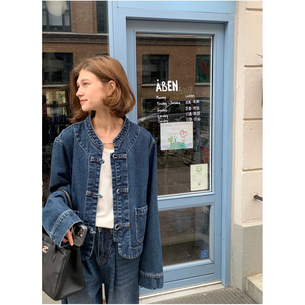 Fruit Core Universe New Chinese Button Denim Jacket Women s Spring and Autumn Private Wear Cobalt Blue Wide Leg Pants Set image 4