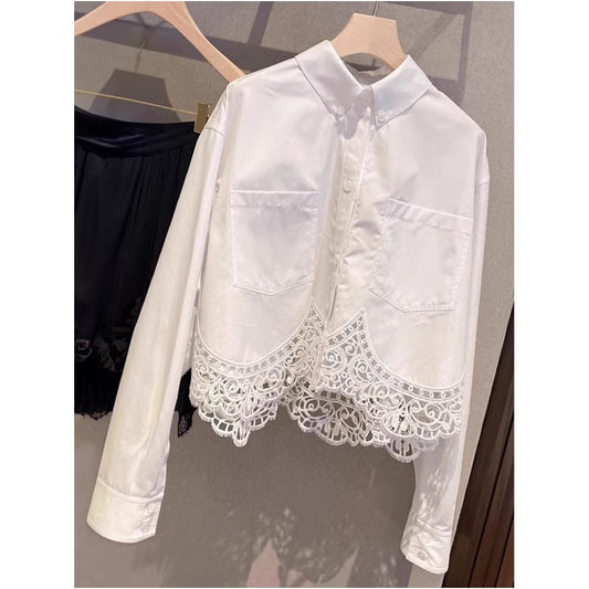 ASAYA4926 – White Lace Hem Satin Shirt 🤍✨