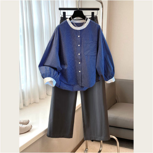 ASAYA4928 – Indigo Grid Puff Blouse 💙📘