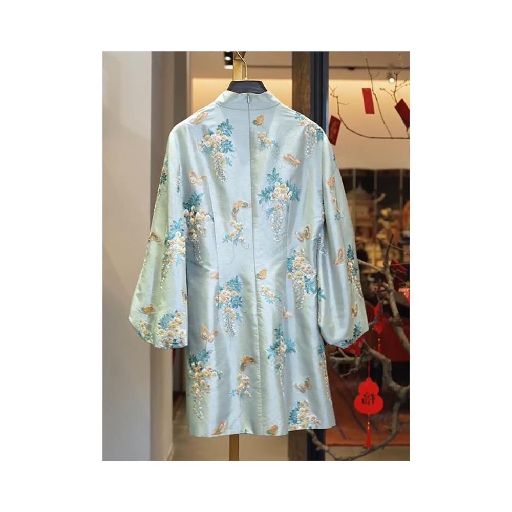 2025 Spring New Chinese Style Three quarter Sleeve Midi Skirt Women s Chic Jacquard Skirt Dress image 5