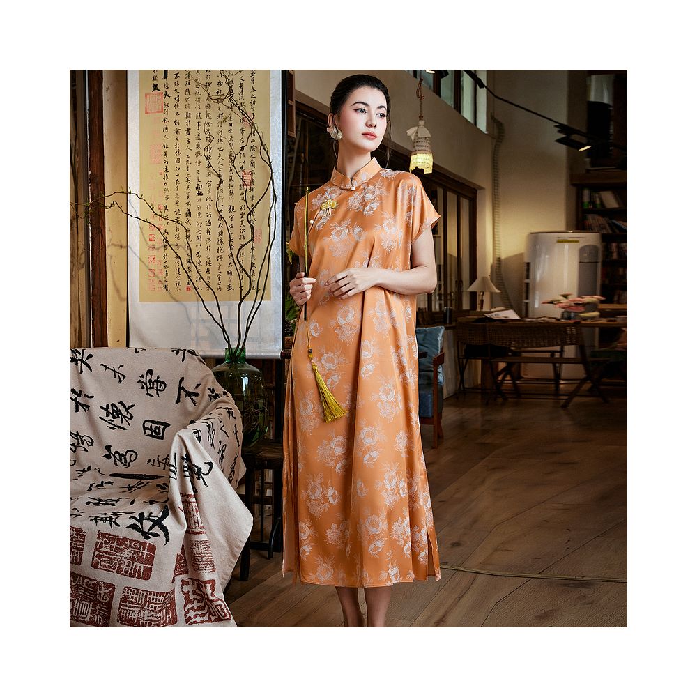 Mo Yu Shuxia Chinese style retro improved jacquard satin dartless cheongsam new Chinese style elegant daily dress image 7