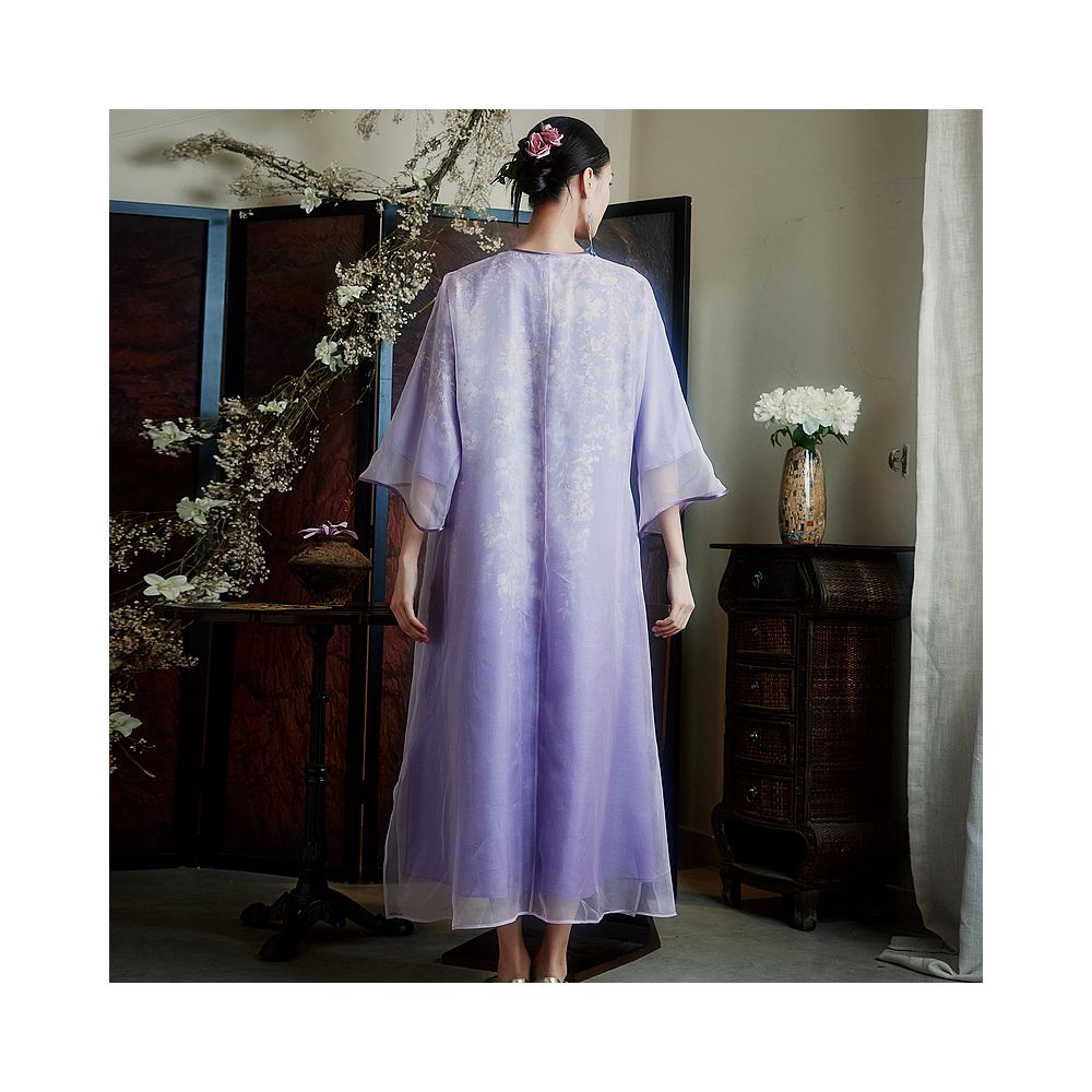 Moyu Lanzhi Chinese style 100 silk round neck plus size artistic qipao new Chinese elegant dress summer image 5