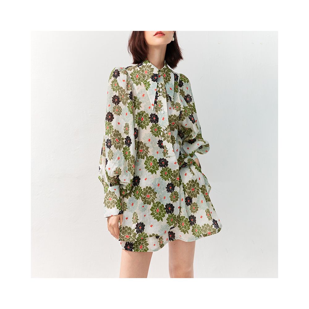 OPOF Women s Loose Shorts Set with Ramie Shirt Artistic and Printed Design Large Lantern Sleeves 2024 Spring and Summer New image 3