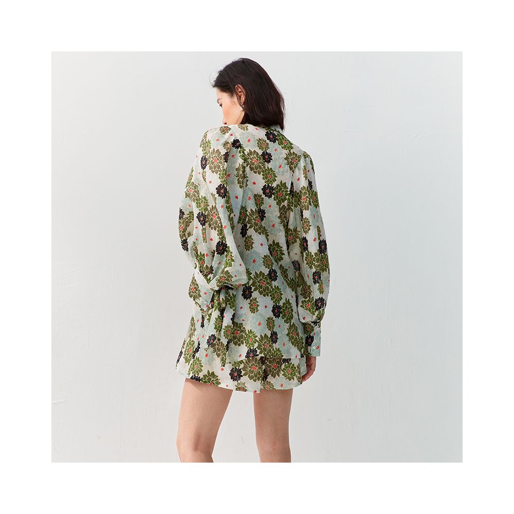 OPOF Women s Loose Shorts Set with Ramie Shirt Artistic and Printed Design Large Lantern Sleeves 2024 Spring and Summer New image 4