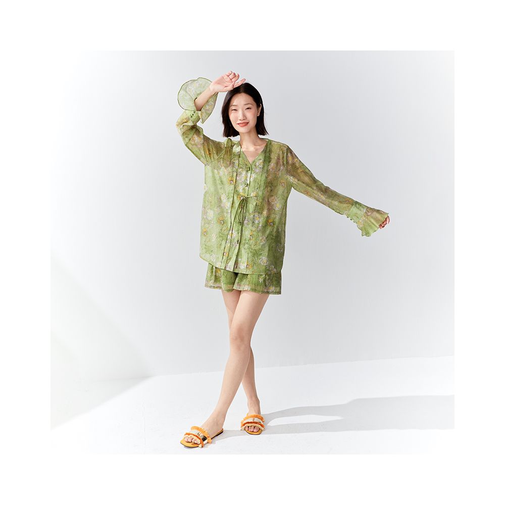OPOF Tencel shirt women s loose shorts suit oil painting print lace up slim design 2024 spring and summer new products image 8