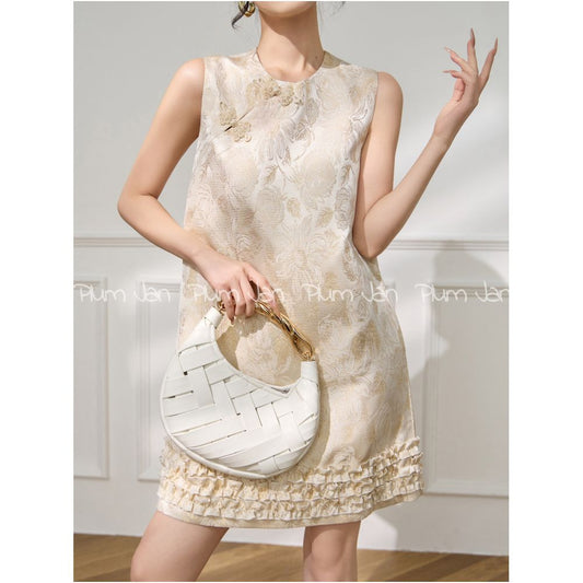 ASAYA4980 – Golden Peony Jacquard Dress 🌼✨