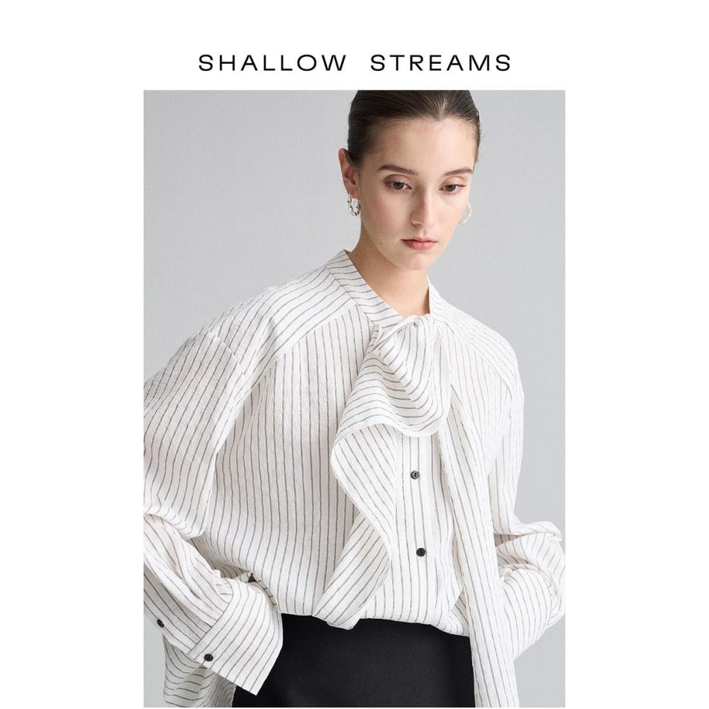 Pear vortex s sea design sense niche striped stand up collar ribbon shirt women s long sleeved western style loose chic top shirt image 1