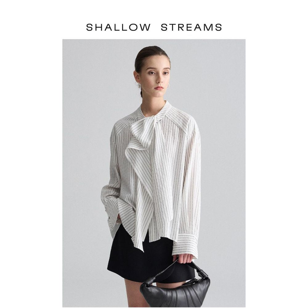 Pear vortex s sea design sense niche striped stand up collar ribbon shirt women s long sleeved western style loose chic top shirt image 3
