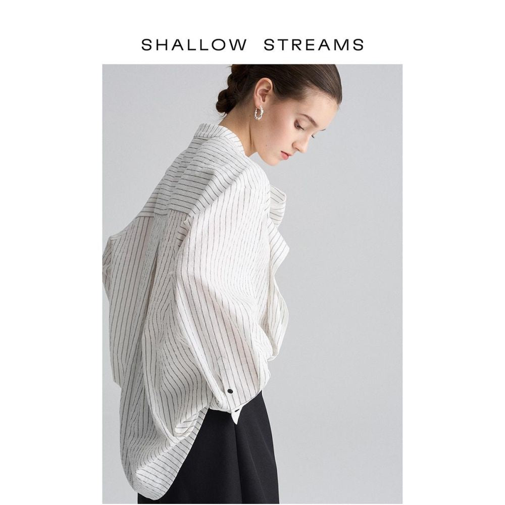 Pear vortex s sea design sense niche striped stand up collar ribbon shirt women s long sleeved western style loose chic top shirt image 4