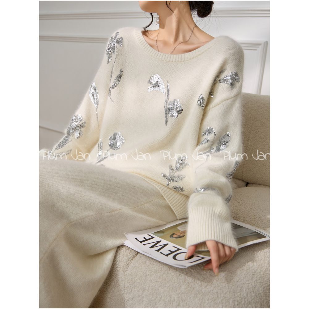 Plum Jan Early Autumn French Style Elegant Glitter Embroidered Sweater Knitwear Half Skirt Luxury Set for Women image 2