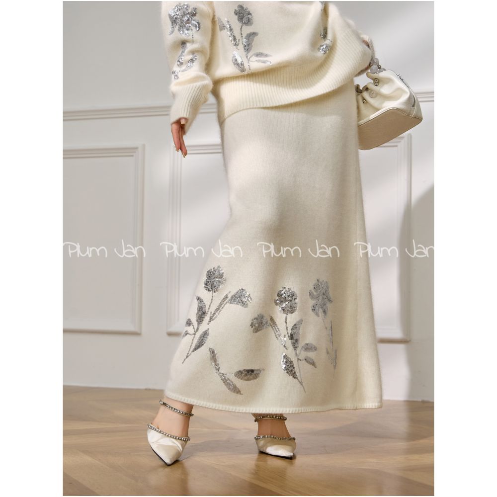 Plum Jan Early Autumn French Style Elegant Glitter Embroidered Sweater Knitwear Half Skirt Luxury Set for Women image 3