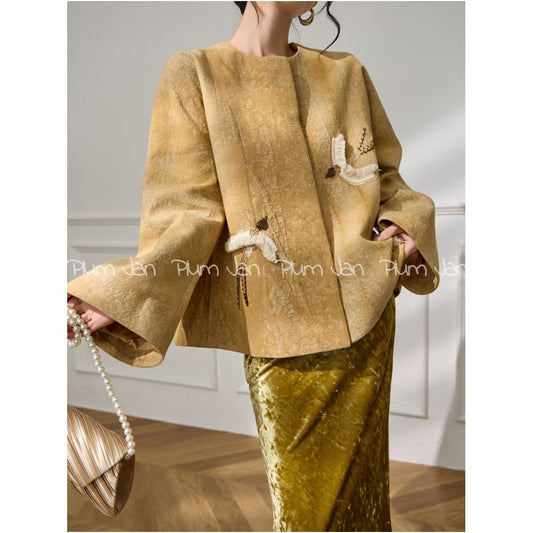 ASAYA4986 – Golden Crane Jacquard Jacket 🕊️✨