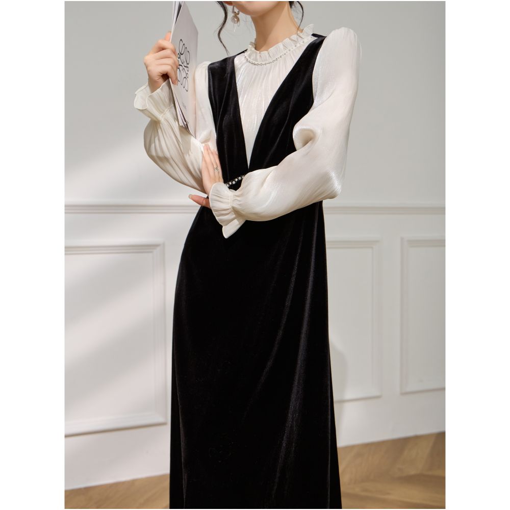 Plum Jan Light luxury fake two piece dress formal occasion wear French puff sleeve velvet temperament long dress image 5