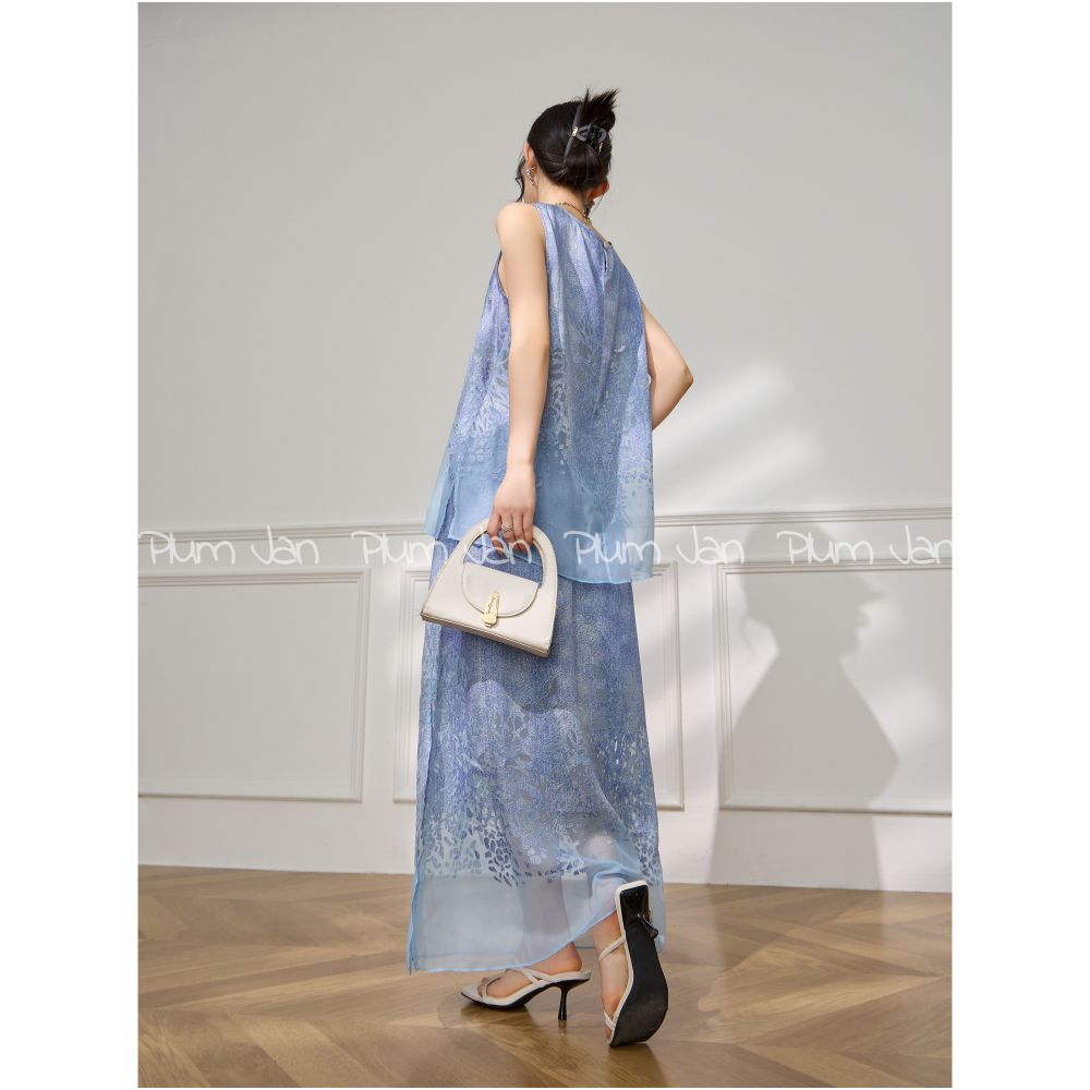 PlumJan New Chinese Embroidered Vest Set Blue Mesh Splicing Summer Women s Two piece Set image 4