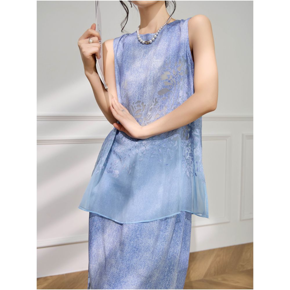 PlumJan New Chinese Embroidered Vest Set Blue Mesh Splicing Summer Women s Two piece Set image 5