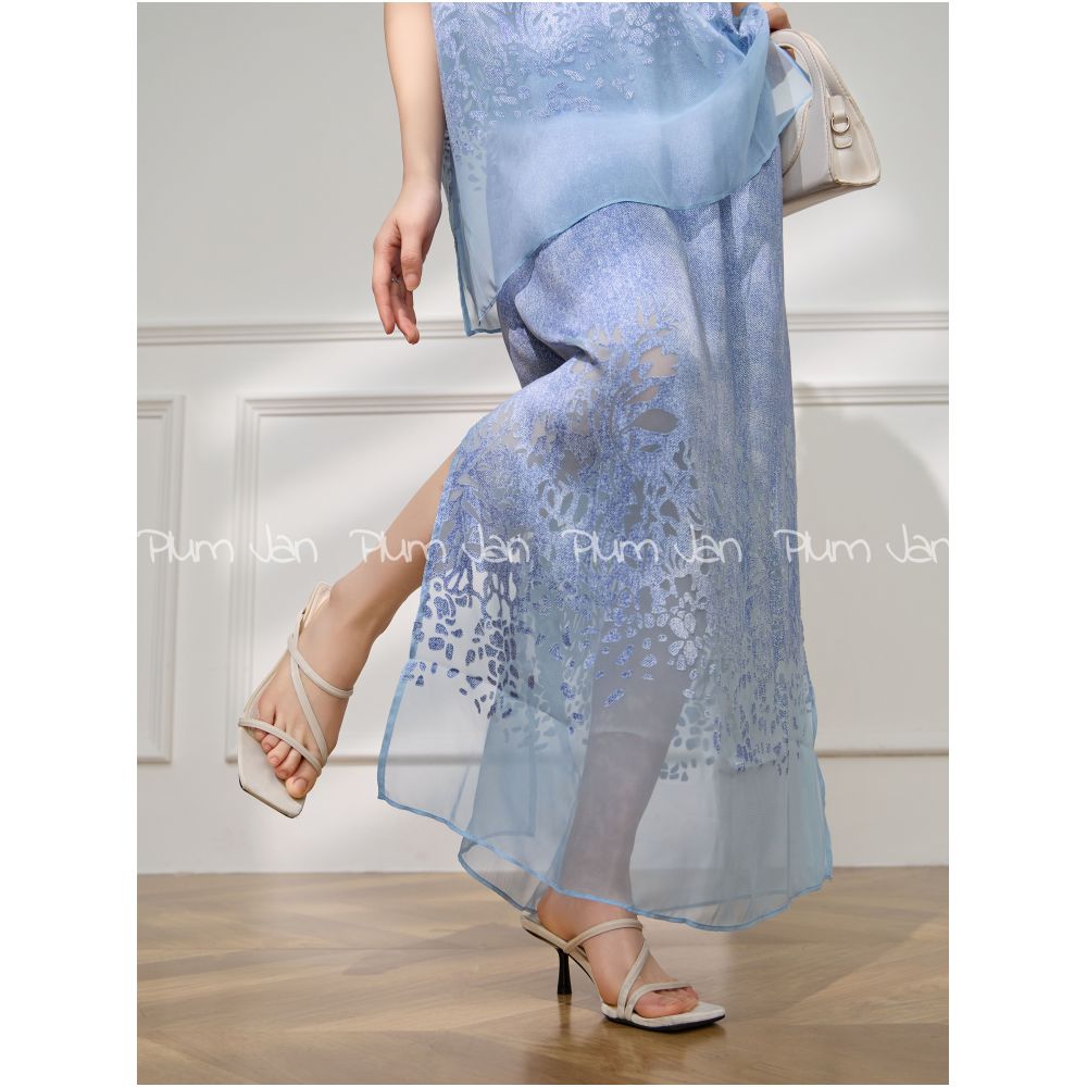 PlumJan New Chinese Embroidered Vest Set Blue Mesh Splicing Summer Women s Two piece Set image 6