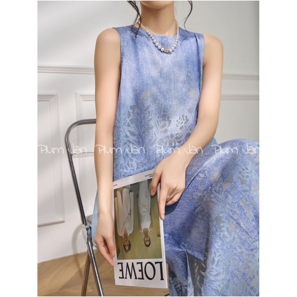 PlumJan New Chinese Embroidered Vest Set Blue Mesh Splicing Summer Women s Two piece Set image 7