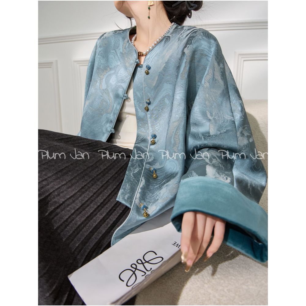Plum Jan Unique and super beautiful new Chinese style blue jacket for women s clothing 2025 new popular autumn and winter styles image 2
