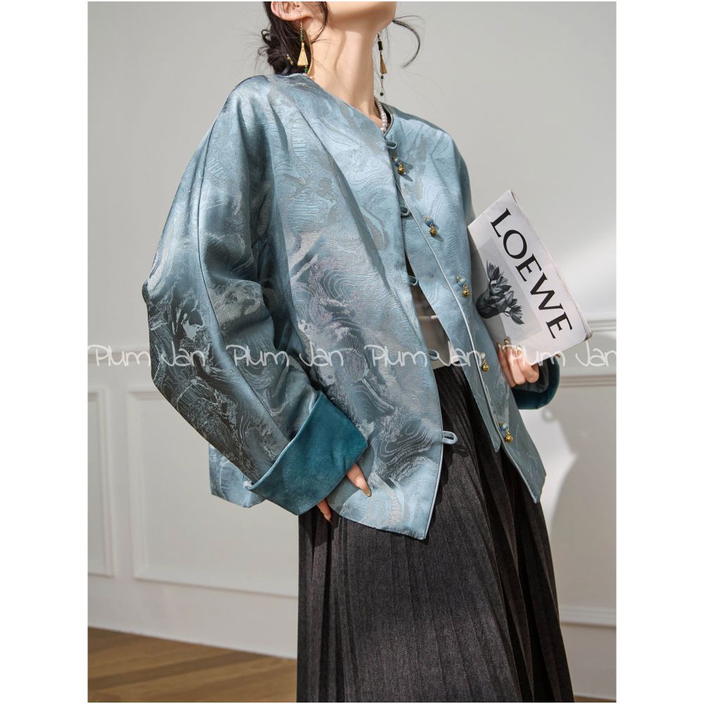 Plum Jan Unique and super beautiful new Chinese style blue jacket for women s clothing 2025 new popular autumn and winter styles image 3