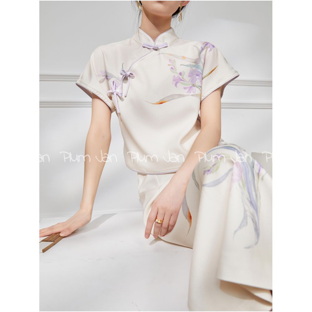 Plum Jan New Chinese style suit Chinese style women s summer style this year popular beautiful modified cheongsam skirt two piece suit image 0