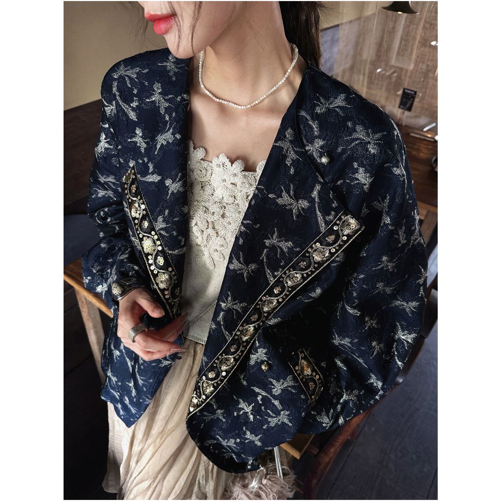 Sanji Black Flower Nianqingci New Chinese style woven gold wire baseball jacket national style early autumn jacket female unique and beautiful image 2