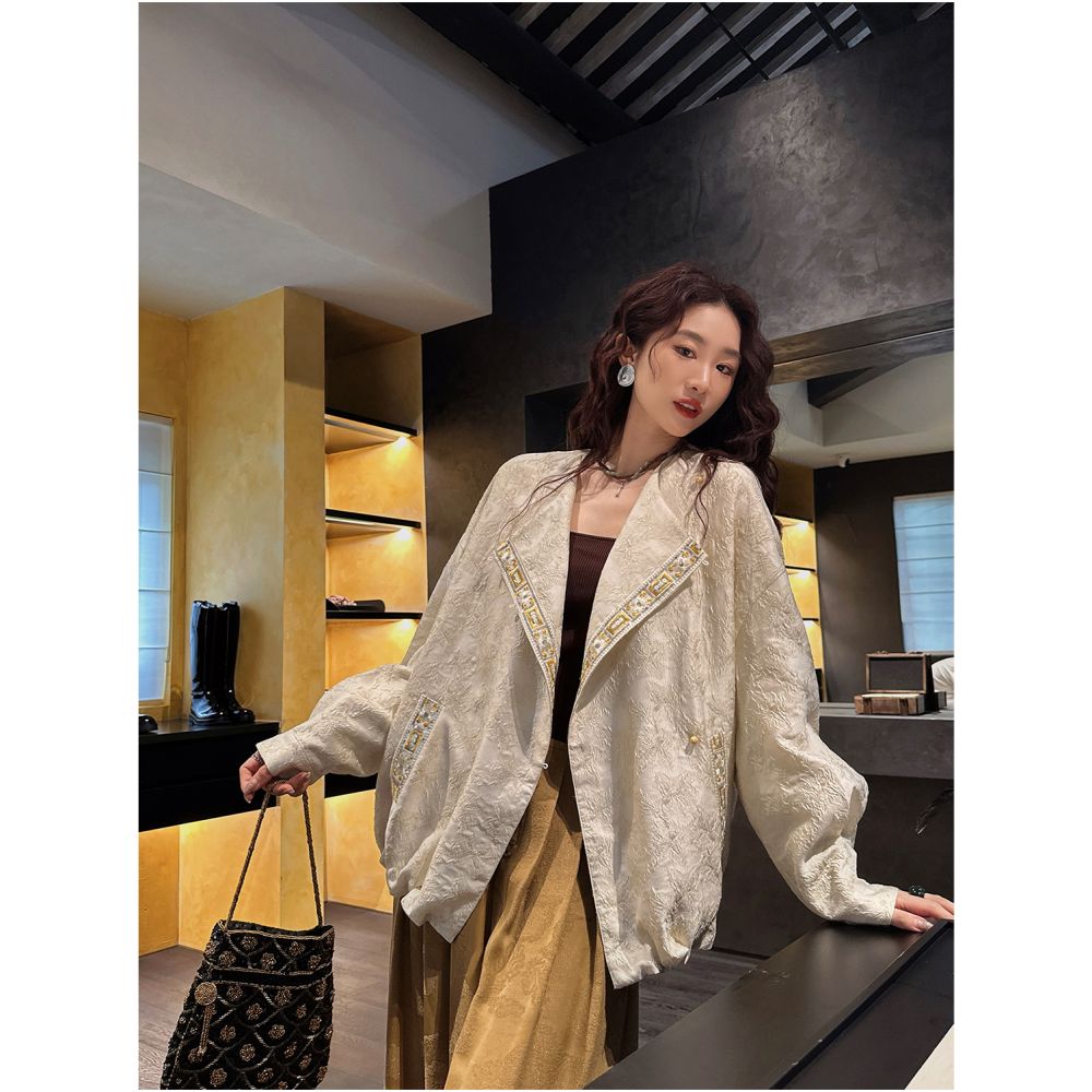Sanji Black Flower Nianqingci New Chinese style woven gold wire baseball jacket national style early autumn jacket female unique and beautiful image 4