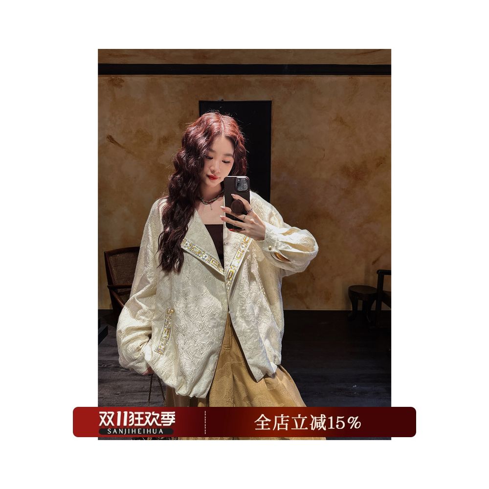 Sanji Black Flower Nianqingci New Chinese style woven gold wire baseball jacket national style early autumn jacket female unique and beautiful image 0