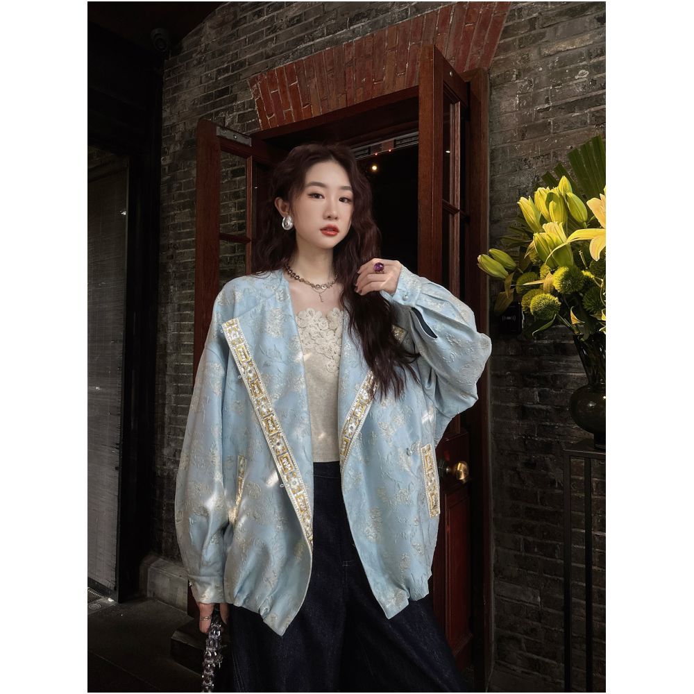 Sanji Black Flower Nianqingci New Chinese style woven gold wire baseball jacket national style early autumn jacket female unique and beautiful image 7