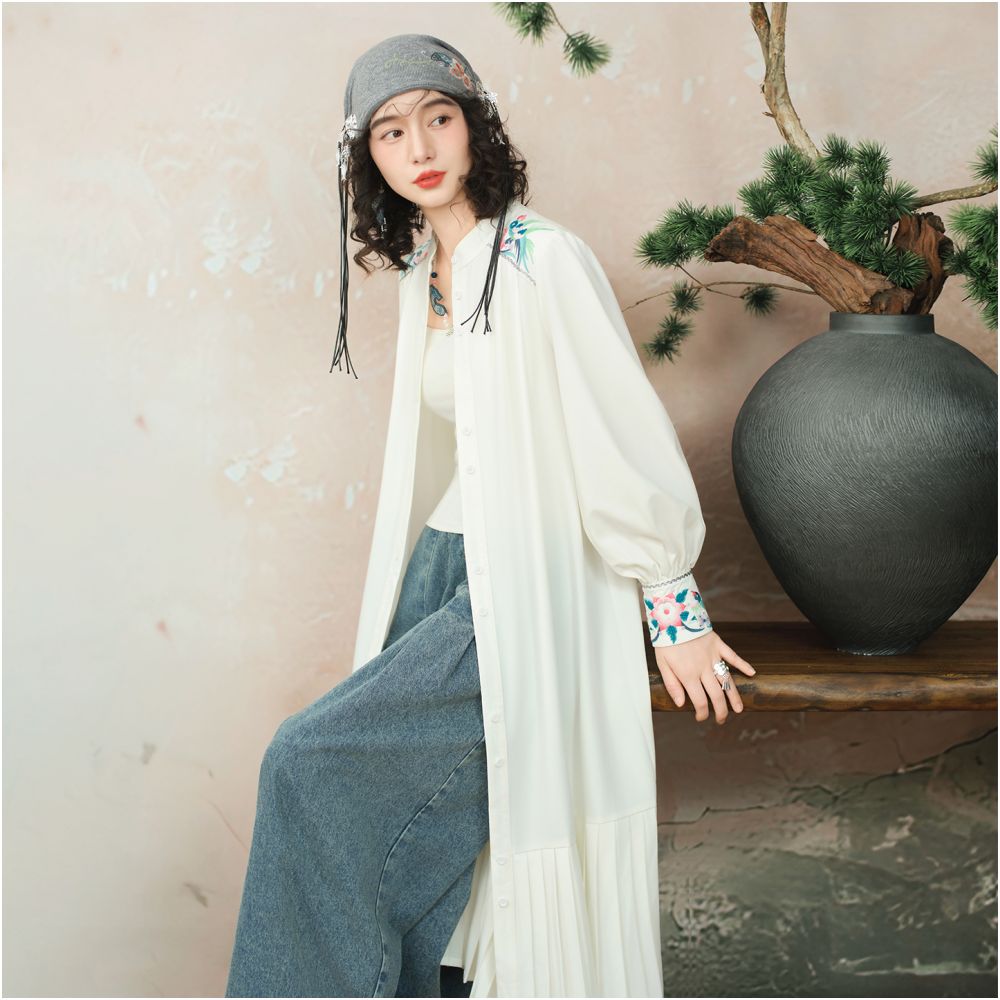 Su Luo Original Huaxia Vientiane Miao Territory Peony Autumn Chinese Style Embroidered Loose Long Shirt Dress for Women image 3