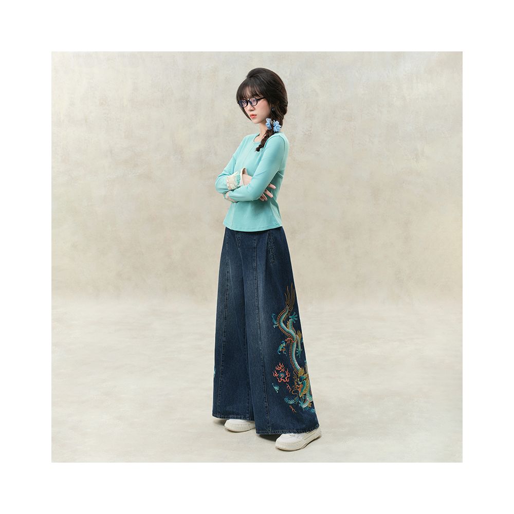 Su Luo original Dragon Qi Spring Comes spring new national trend wide leg trousers heavy embroidery loose jeans image 1
