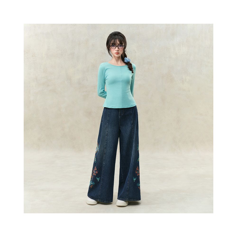 Su Luo original Dragon Qi Spring Comes spring new national trend wide leg trousers heavy embroidery loose jeans image 3