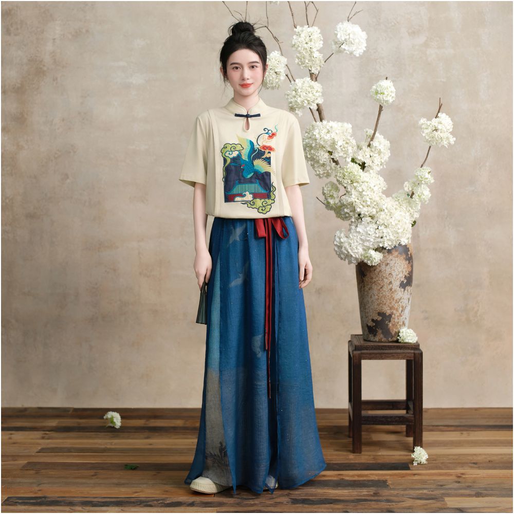 Su Luo s original Auspicious Crane Painting Cranes Dancing in the Golden Palace Xia Xin Chinese style buttoned stand up collar top with Chinese style embroidery T shirt image 3