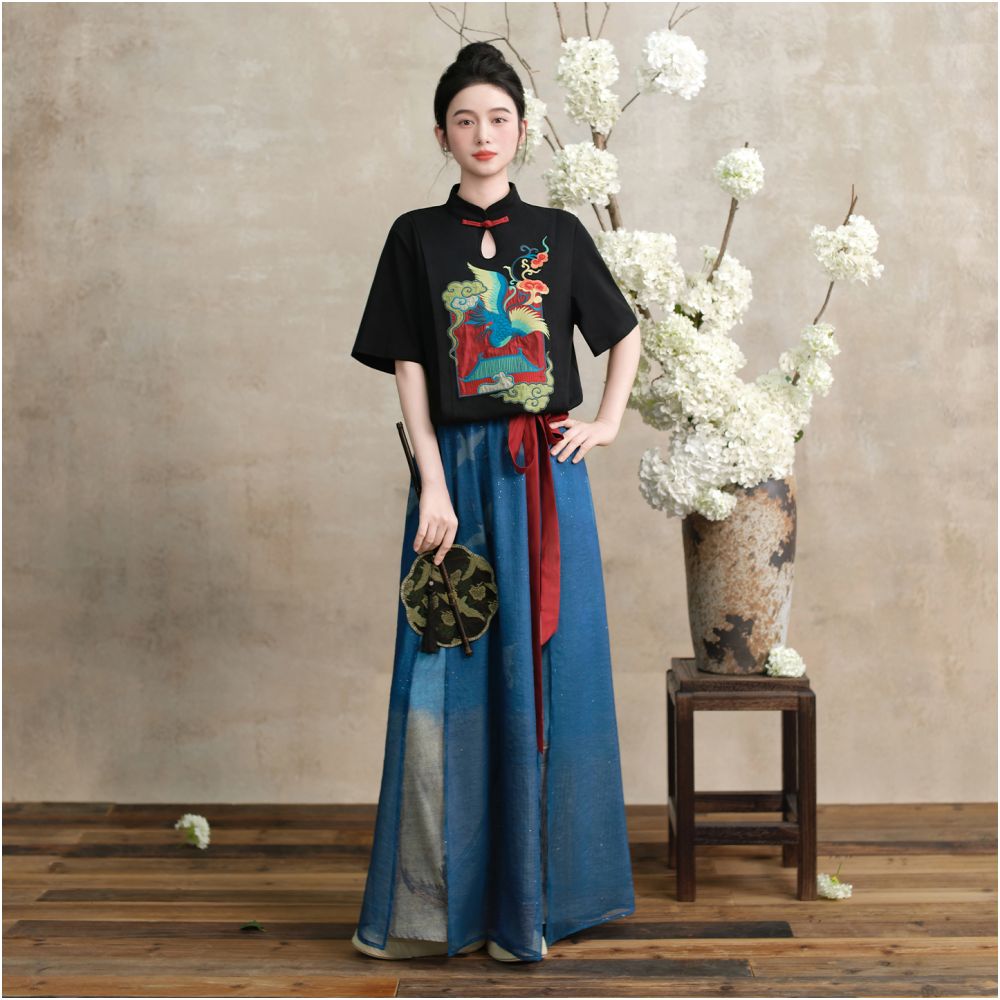 Su Luo s original Auspicious Crane Painting Cranes Dancing in the Golden Palace Xia Xin Chinese style buttoned stand up collar top with Chinese style embroidery T shirt image 4