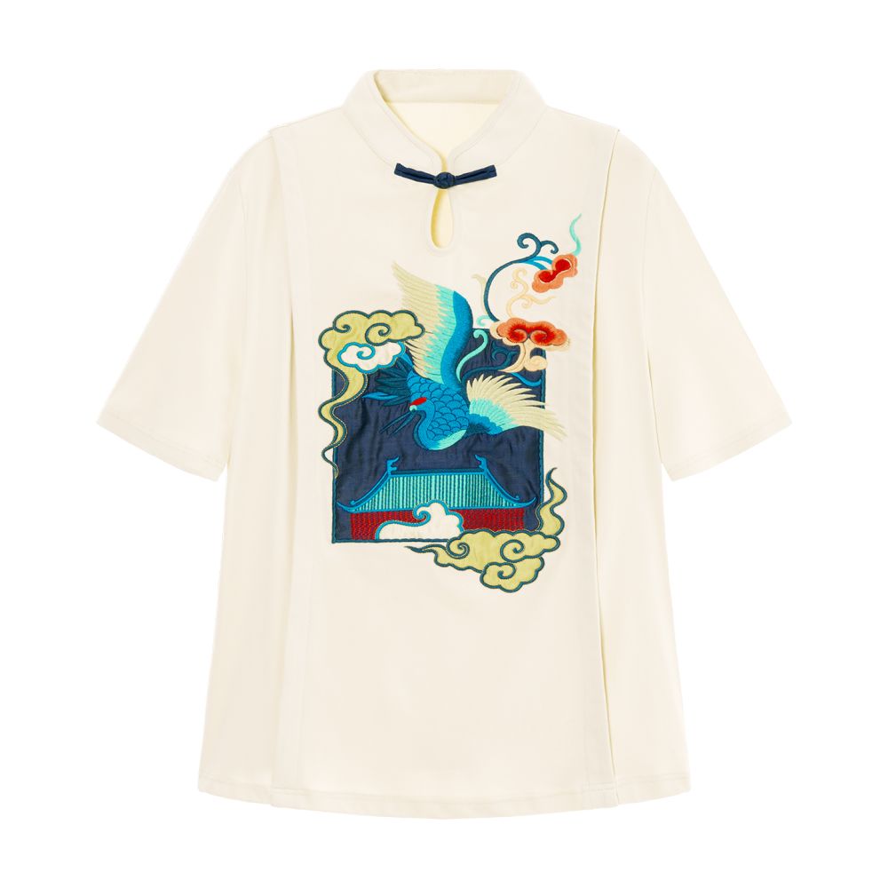 Su Luo s original Auspicious Crane Painting Cranes Dancing in the Golden Palace Xia Xin Chinese style buttoned stand up collar top with Chinese style embroidery T shirt image 5